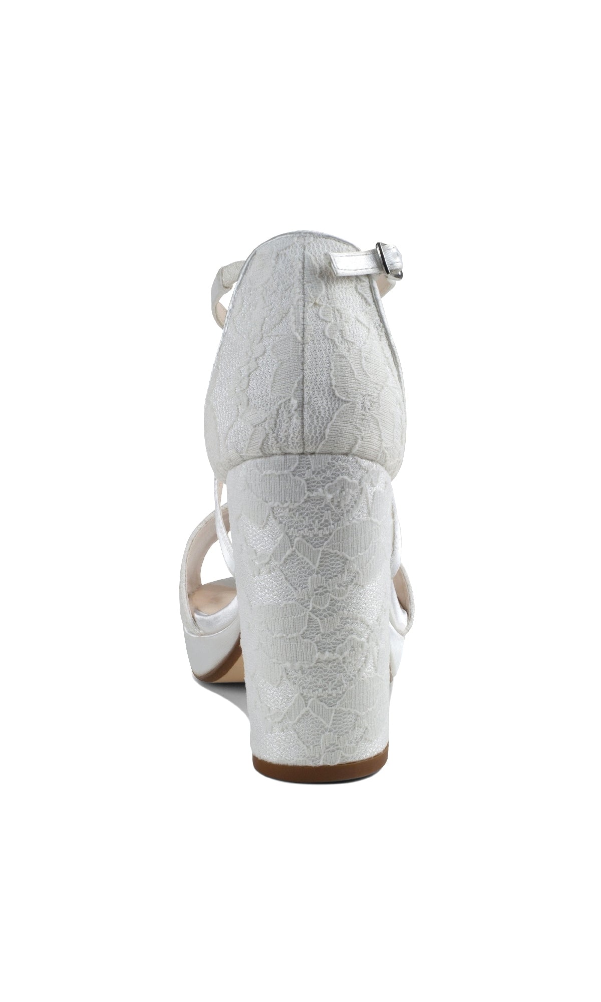 Rear view of Violet White Lace Prom Shoes: Dyeables 4611, featuring high heels, an ankle strap, delicate lace detailing, and a closed heel, photographed against a plain white background.